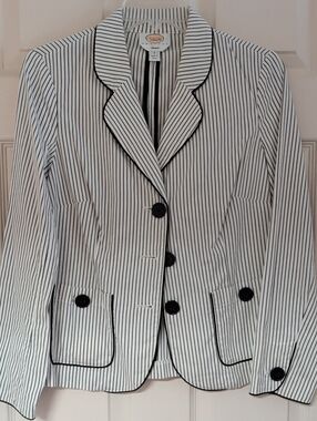 Talbots White Blazer with Black Pinstripes and Piping